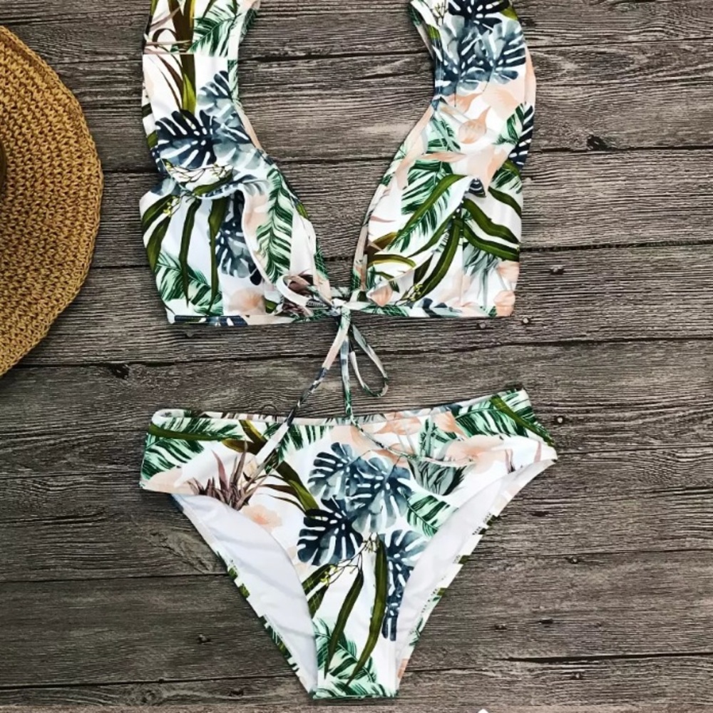 SOLD OUT CLEARANCE Palm Ruffle High Waist Tropical Monstera Bikini - Picture 6 of 7
